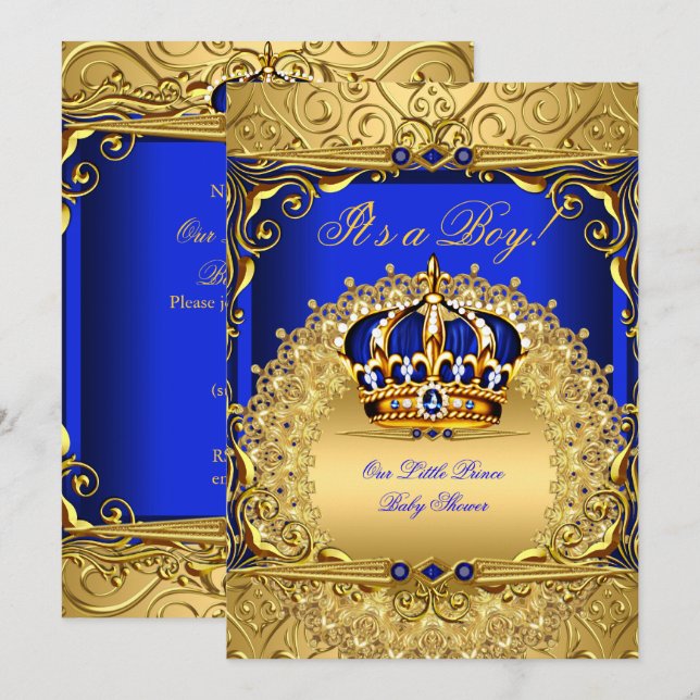 Invitación Royal Blue Damask Gold Crown Baby Shower Boy bs6 (Anverso / Reverso)