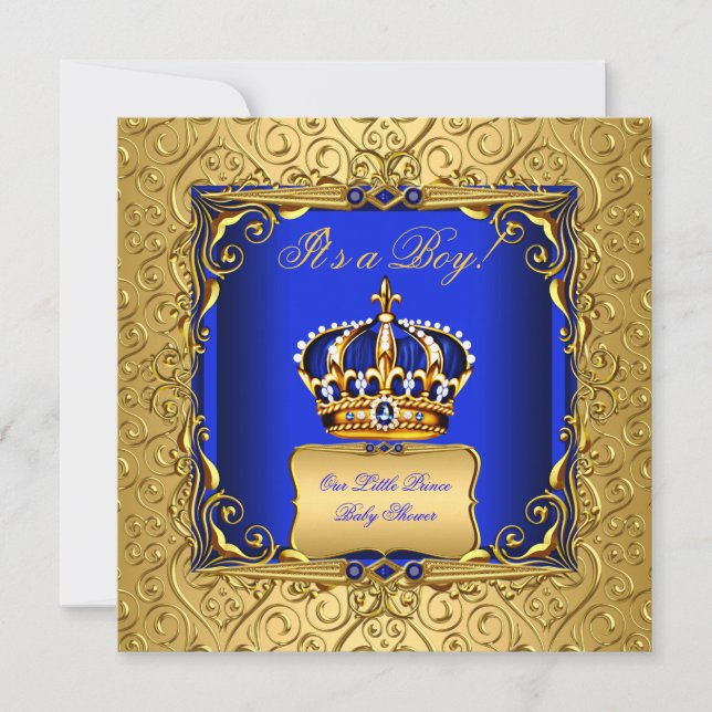Invitación Royal Blue Damask Gold Crown Baby Shower Boy bsc (Anverso)