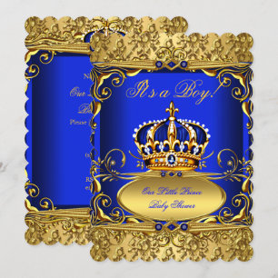 Invitación Royal Blue Damask Gold Crown Baby Shower Boy RB3