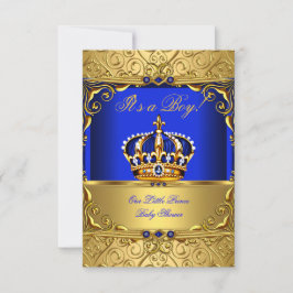 Invitación Royal Blue Damask Gold Crown Baby Shower Boy SMALL