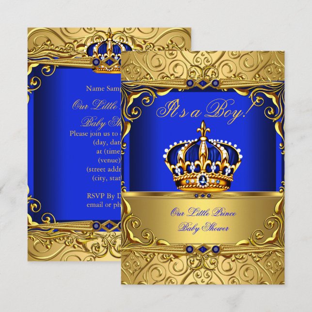 Invitación Royal Blue Damask Gold Crown Baby Shower Boy SMALL (Anverso / Reverso)