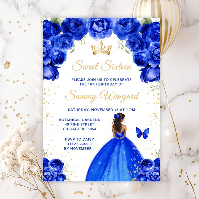 Invitación Royal Blue Dark Skin Princess Sweet 16 (Subido por el creador)