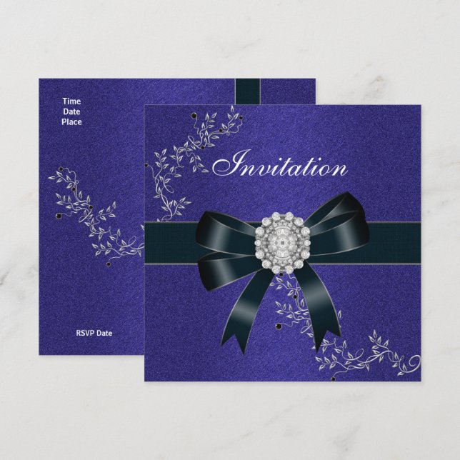 Invitación Royal Blue Diamond Jewel Black Bow (Anverso / Reverso)
