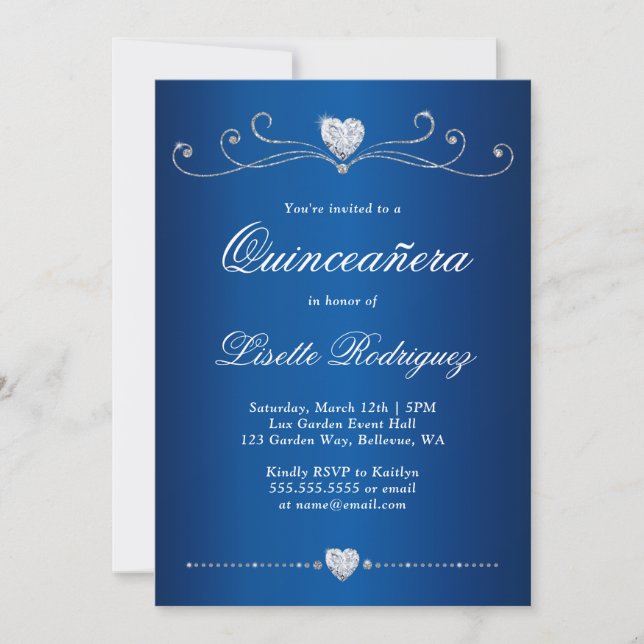 Invitación Royal Blue Diamond Swirl Elegant Quinceanera (Anverso)