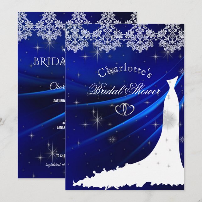Invitación Royal Blue Diamonds & Hearts Bridal Shower (Anverso / Reverso)