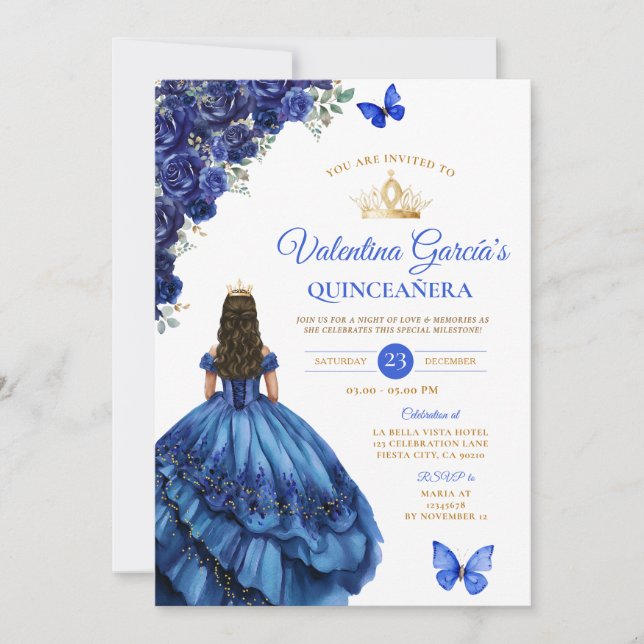 Invitación Royal Blue Dress Quinceañera 15 Anos Flowers Gold (Anverso)