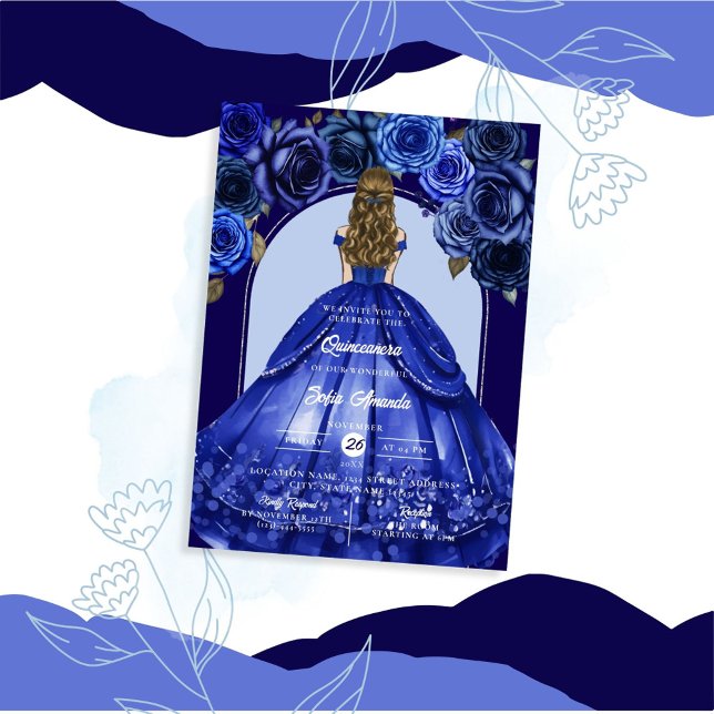 Invitación Royal Blue Elegent Floral Accents Princess Fiesta (Subido por el creador)