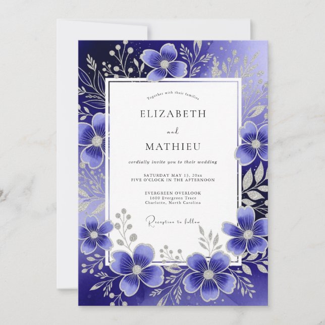 Invitación Royal Blue Ethereal Floral Wedding (Anverso)