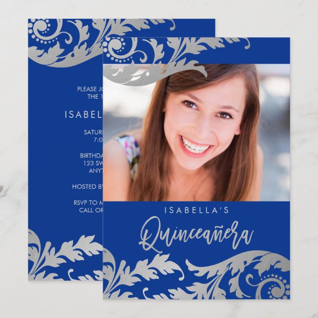 Invitación Royal Blue Faux Silver Swirls Photo Quinceanera (Anverso / Reverso)