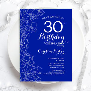 Invitación Royal Blue Floral 30.ª Fiesta de cumpleaños