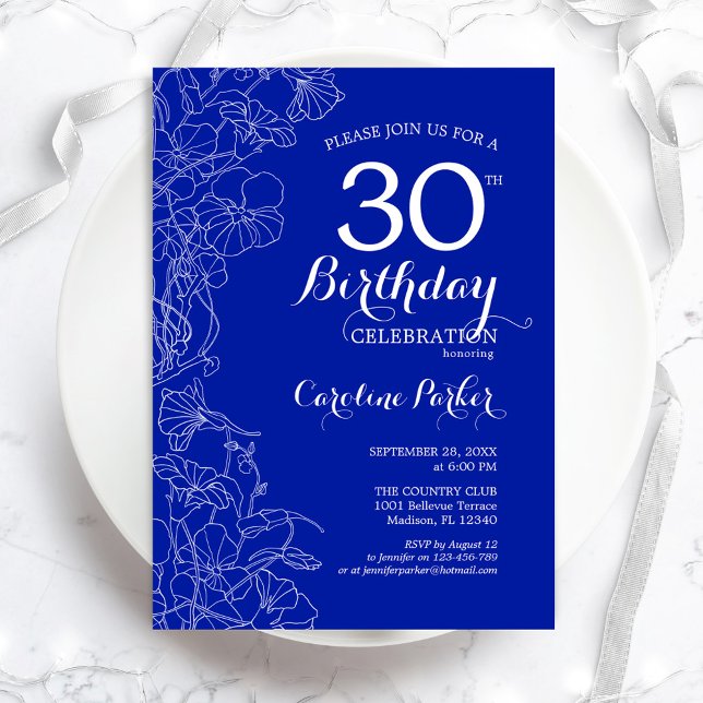 Invitación Royal Blue Floral 30.ª Fiesta de cumpleaños (Subido por el creador)