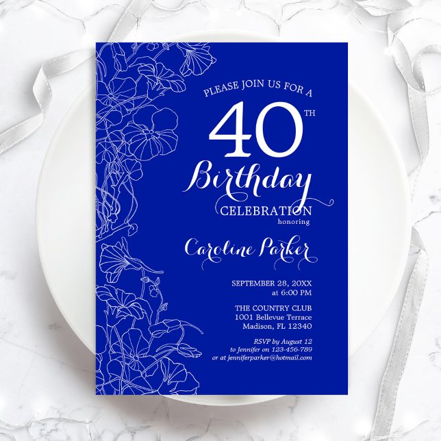Invitación Royal Blue Floral 40.ª Fiesta de cumpleaños (Subido por el creador)