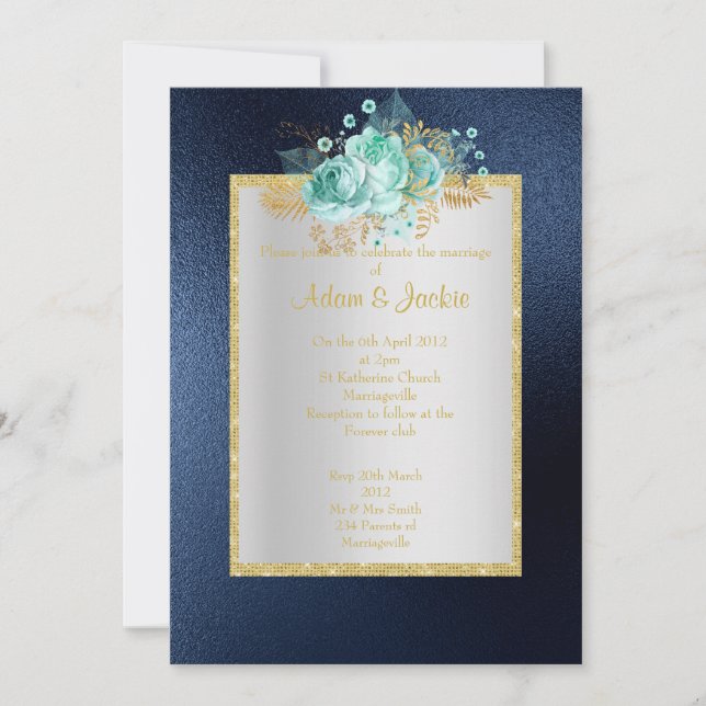 Invitación ROYAL BLUE Floral aqua ELEGANTE BODA DE CLASES (Anverso)