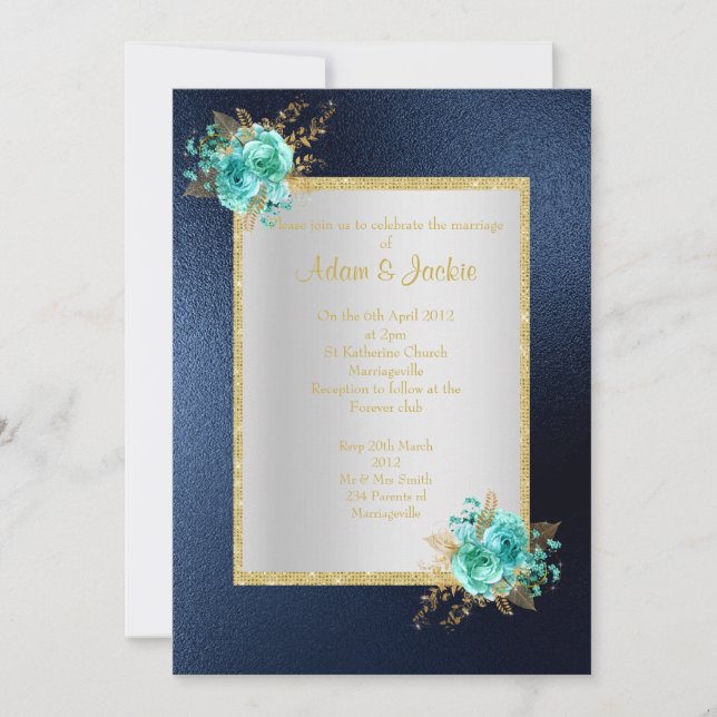 Invitación ROYAL BLUE Floral aqua ELEGANTE BODA DE CLASES (Anverso)
