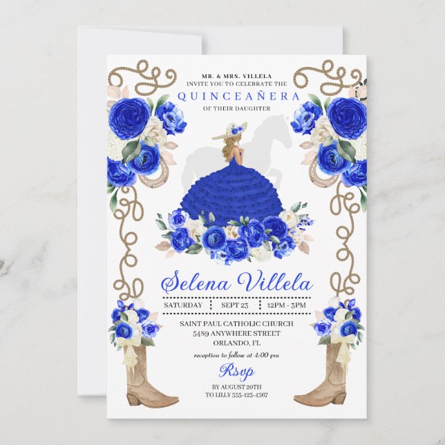 Invitación Royal Blue Floral Boots Rosas Charro Quinceañera (Anverso)
