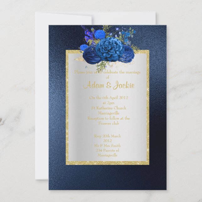 Invitación ROYAL BLUE Floral bouquet ELEGANTE BODA DE CLASE (Anverso)