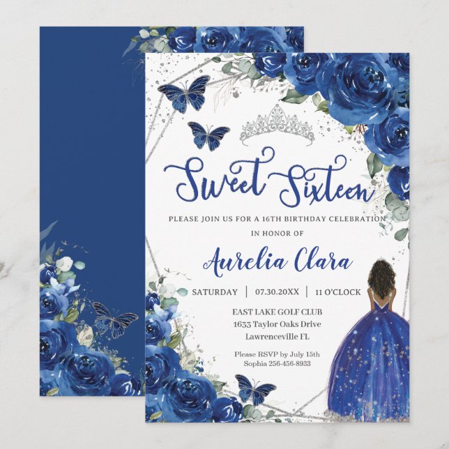 Invitación Royal Blue Floral Brown Princess Sweet 16 Cumpleañ (Anverso / Reverso)