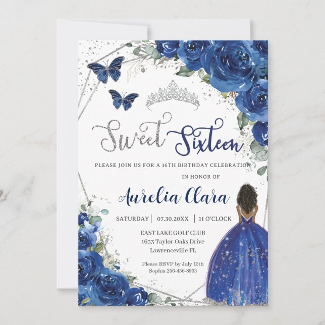 Invitación Royal Blue Floral Brown Princess Sweet 16 Cumpleañ (Anverso)