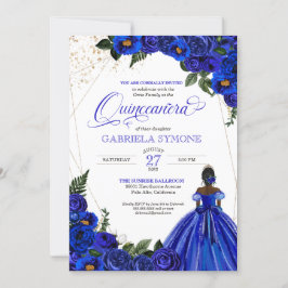 Invitación Royal Blue Floral Elegant Afrolatina Quinceanera I