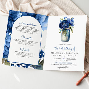 Invitación Royal Blue Floral Frasco de Mason Código QR Boda