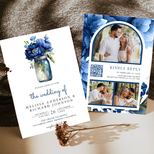 Invitación Royal Blue Floral Frasco de Mason Código QR Boda (Subido por el creador)
