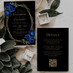 Invitación Royal Blue Floral Gold Black QR Code Boda
