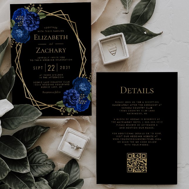 Invitación Royal Blue Floral Gold Black QR Code Boda (Subido por el creador)