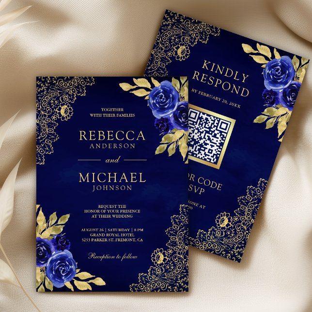 Invitación Royal Blue Floral Gold Lace QR Code Wedding (Subido por el creador)