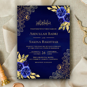 Invitación Royal Blue Floral Lace QR Código musulmán Boda