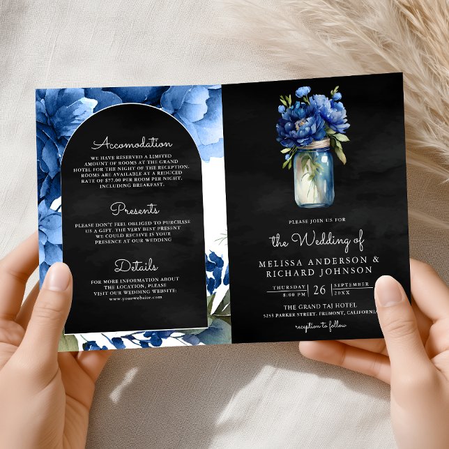 Invitación Royal Blue Floral Mason Jar QR Code Black Wedding (Subido por el creador)