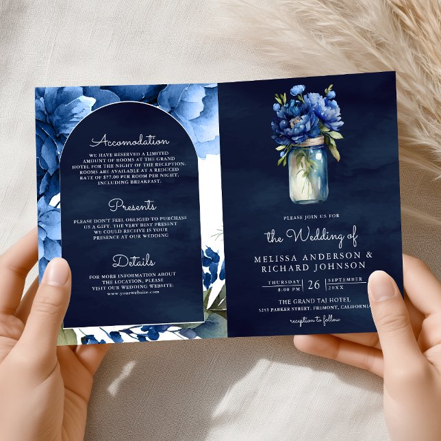 Invitación Royal Blue Floral Mason Jar QR Code Navy Wedding (Subido por el creador)