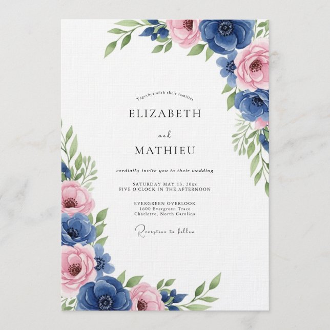 Invitación Royal Blue Floral Romance Wedding (Anverso)