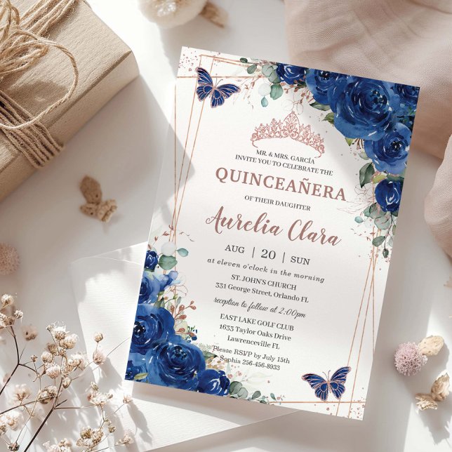 Invitación Royal Blue Floral Rosa Gold Quinceañera Cumpleaños (Subido por el creador)