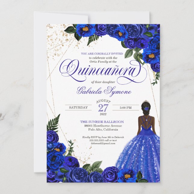 Invitación Royal Blue Floral Rosa y Gold Elegante Quinceañera (Anverso)
