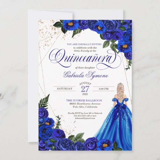 Invitación Royal Blue Floral Rosa y Gold Elegante Quinceañera (Anverso)
