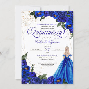 Invitación Royal Blue Floral Rosa y Gold Elegante Quinceañera