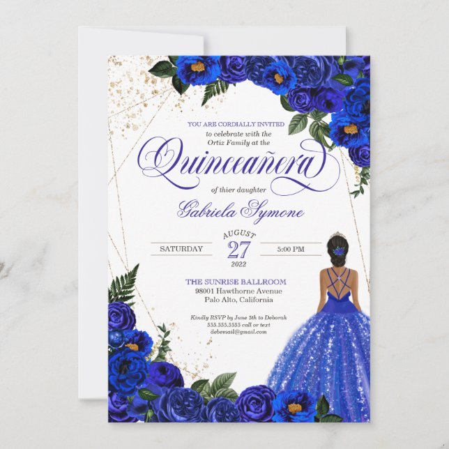 Invitación Royal Blue Floral Rosa y Gold Elegante Quinceañera (Anverso)