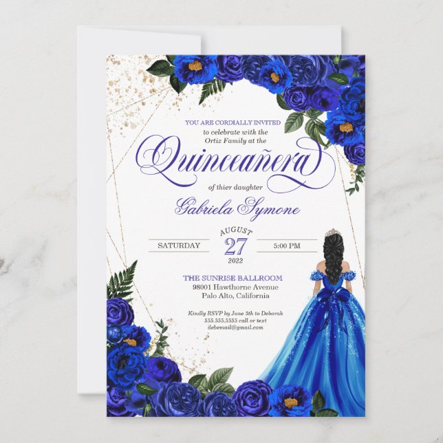 Invitación Royal Blue Floral Rosa y Gold Elegante Quinceañera (Anverso)