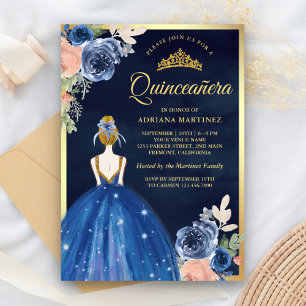 Invitación Royal Blue Floral Vestido Naval Oro Quinceanera