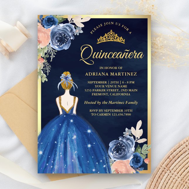 Invitación Royal Blue Floral Vestido Naval Oro Quinceanera (Subido por el creador)