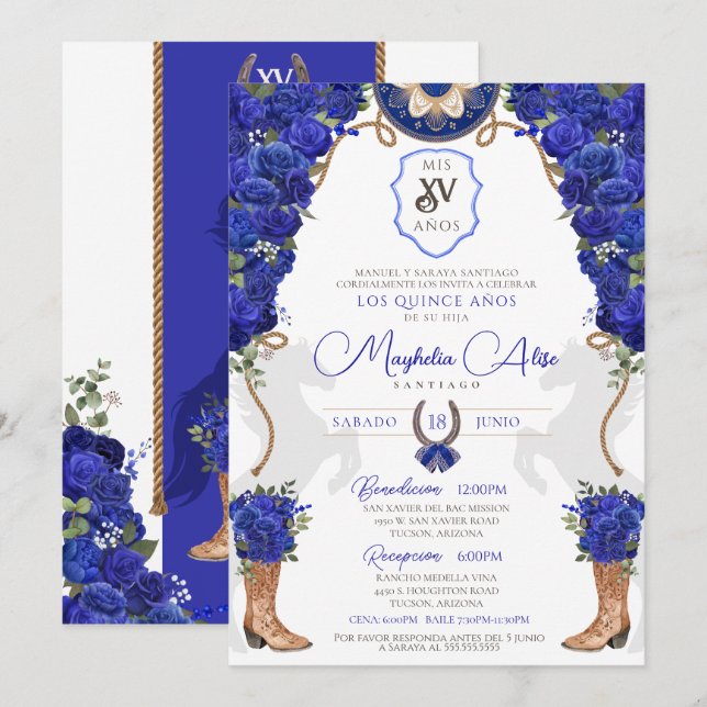 Invitación Royal Blue Floral Western Charro Quinceañera (Anverso / Reverso)