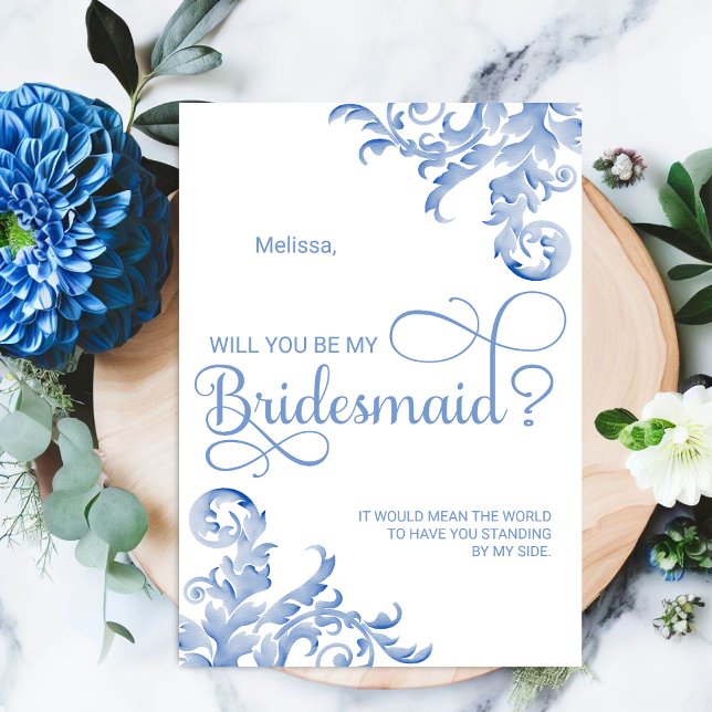 Invitación Royal Blue Flourier Serás Mi Novia (Elegant watercolor swirls will you be my bridesmaid card.)
