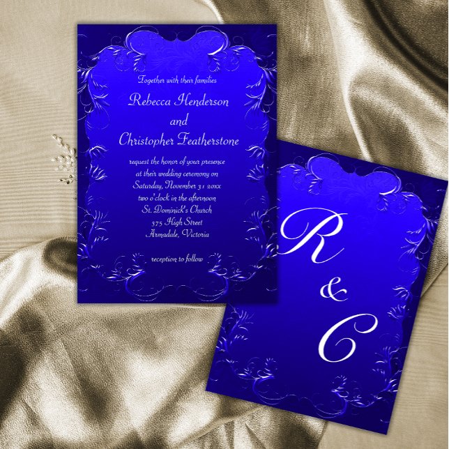 Invitación Royal Blue Flourishes Classic Elegant Wedding (Subido por el creador)