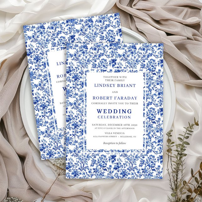 Invitación Royal Blue French Toile Floral Wedding Invitation (Royal Blue French Toile Floral Wedding Invitation)