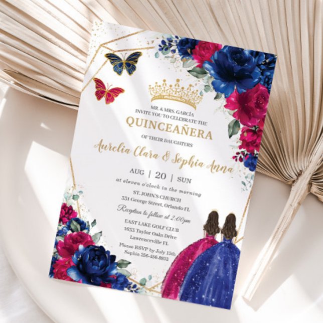 Invitación Royal Blue Fuchsia Gemelos Florales Rosa Quinceañe (vibrant-royal-blue-fuchsia-hot-pink-floral-flowers-twins-princess-dresses-Quinceañera-invitations)