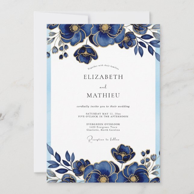 Invitación Royal Blue Glorious Botanical Wedding (Anverso)