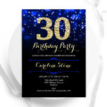Invitación Royal Blue Gold 30 cumpleaños<br><div class="desc">30.ª invitación a la fiesta de cumpleaños. Elegante diseño azul real con falso oro purpurina. Cuenta con diamantes elegantes, luces de bokeh y fuente de guiones. Invitación de cumpleaños de mujeres o hombres. Perfecto para una elegante fiesta de cumpleaños. Personaliza con tus propios detalles. Mándame un mensaje si necesitas más...</div>