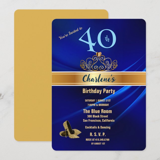 Invitación Royal Blue & Gold 40th Birthday Party Invitation (Anverso / Reverso)