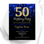 Invitación Royal Blue Gold 50 cumpleaños<br><div class="desc">50.ª invitación a la fiesta de cumpleaños. Elegante diseño azul real con falso oro purpurina. Cuenta con diamantes elegantes, luces de bokeh y fuente de guiones. Invitación de cumpleaños de hombres o mujeres. Perfecto para una elegante fiesta de cumpleaños. Personaliza con tus propios detalles. Mándame un mensaje si necesitas más...</div>
