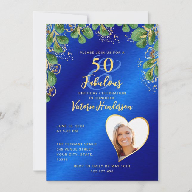 Invitación Royal Blue & Gold 50 y fabulosa vegetación Cumplea (Anverso)